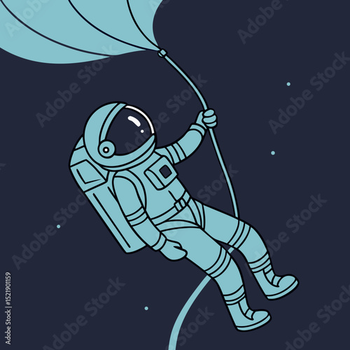 Cartoon astronaut floating in space holding onto a stylized kite string
