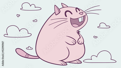 Cartoon Pink Hamster with Big Teeth and Whiskers Smiling Happily