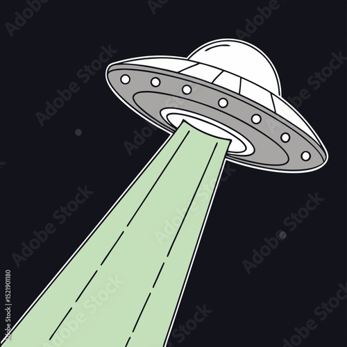 Cartoon UFO Emitting Green Beam in Outer Space Detailed Illustration