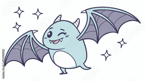 Cartoonish light blue bat winking with small horns and purple wings