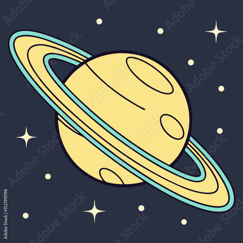 Cartoonish Planet Saturn with Rings and Stars in Deep Space Illustration