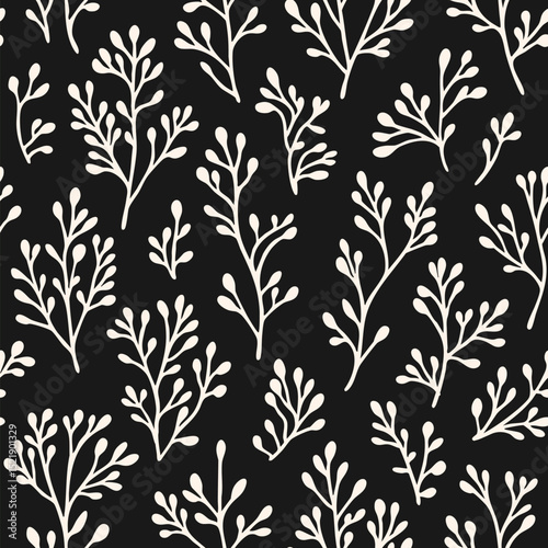 Black and white floral seamless pattern. Vector botanical ornament with simple flower branches, twigs, leaves, seaweeds, corals. Minimal natural organic background texture. Repeating dark geo design