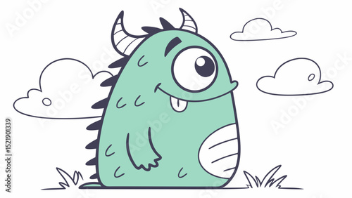 Friendly Cartoon Monster with Horns Tongue and Smiling Expression