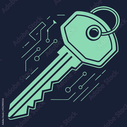 Futuristic Teal Key with Circuit Design Elements