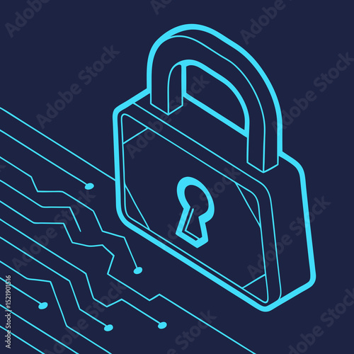 Isometric View of a Digital Padlock with Circuitry Lines Security Concept