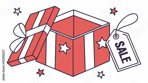 Open Gift Box with Sale Tag and Stars