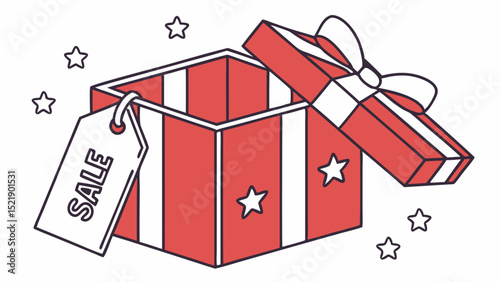 Open Red Gift Box with White Stripes Bow Stars and Sale Tag Illustration