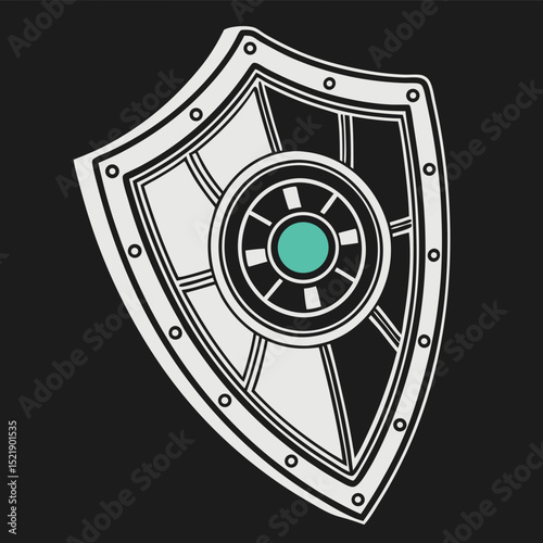 Ornate Medieval Shield with Detailed Design and Teal Gem