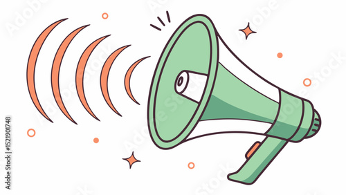 Stylized Green Megaphone with Sound Waves and Geometric Accents