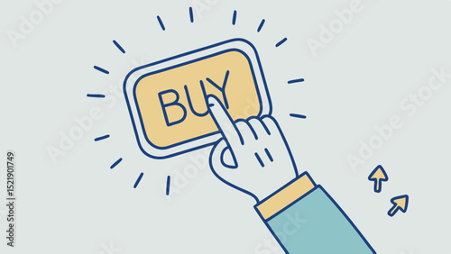Stylized Hand Pressing a Yellow Buy Button with Arrows Indicating Purchase