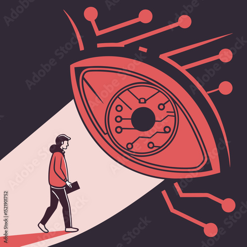 Stylized illustration of a man walking under a giant circuitboard eye