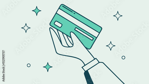 Stylized Hand Holding Teal Credit Card with Geometric Star and Circle Accents