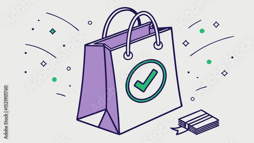 Stylized Shopping Bag with Green Checkmark and Stack of Cards Illustration