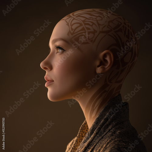  bald woman with gold ornamental body art