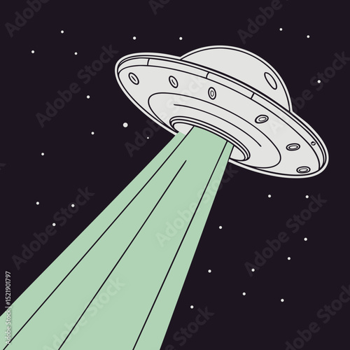 Stylized UFO with Pale Green Beam in Starry Night Sky Illustration