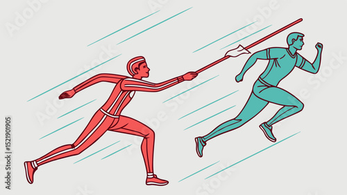 Two stylized runners one with a baton in motion outlined in neon green