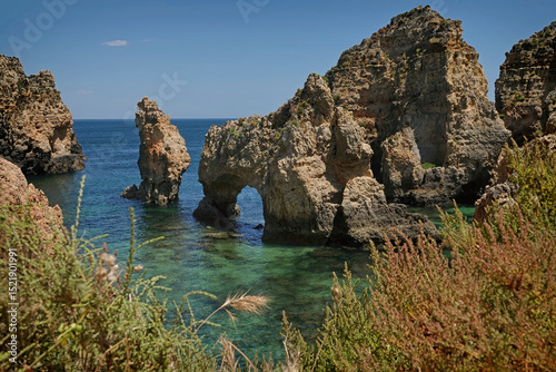 Natural rock formations at Ponta da Piedade (point of mercy) are shown along the southern Portugal coastline, near the city of Lagos.