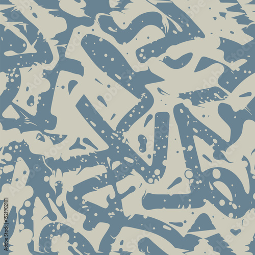 Graffiti pattern. Vector abstract seamless texture with paint splashes, chaotic shapes, strokes, lines, dots. Blue and grey ink spray grunge background. Urban art. Modern painting. Repeating design