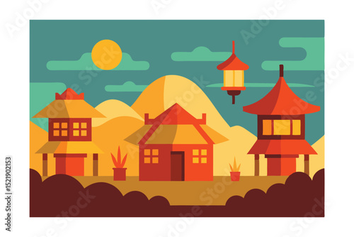 vector illustration of a village with lanterns