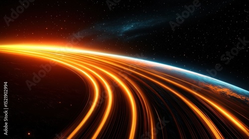 Abstract view of Earth with glowing, orange-yellow light trails curving around it in space.