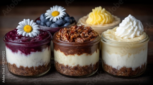 Delightful dessert jars featuring layers of creamy cheesecake topped with fresh berries and decorative flowers presenting a feast for the eyes and taste buds captured in rustic elegance