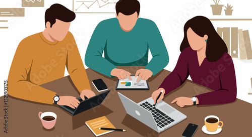 Group of colleagues working together using laptops and tablets in office environment 