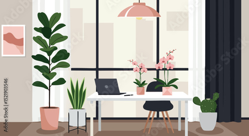 Modern home office interior with potted plants and laptop on desk in natural light 