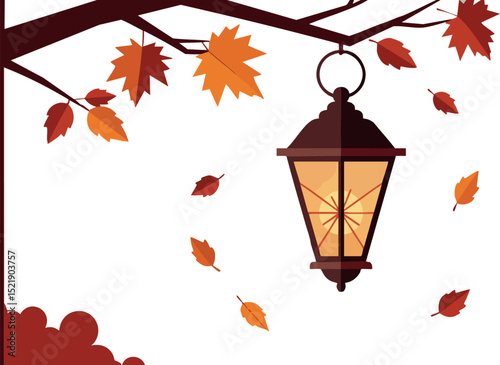 Outdoor lantern hanging from tree branch with orange autumn leaves falling vector illustration 