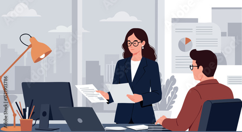 Businesswoman presenting report to colleague in modern office workspace vector illustration 