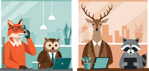 Fox and owl business animals working on laptop and phone in modern office vector illustration 