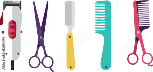Hairdressing tools vector set including clipper scissors razor and combs illustration 