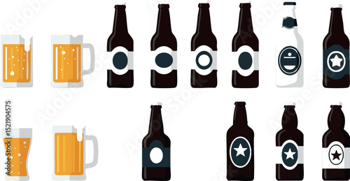 Beer Bottles and Mugs with Various Labels Vector Illustration in Brown and Amber Colors 