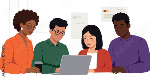 Diverse group of young professionals collaborating on laptop in modern workspace vector illustration 