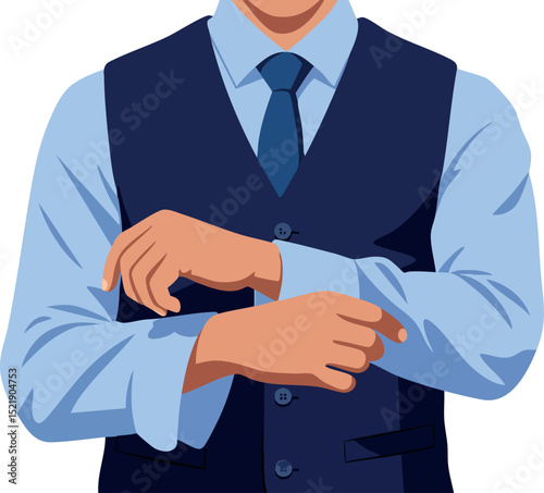 Businessman adjusting shirt cuffs in formal vest and tie vector illustration 