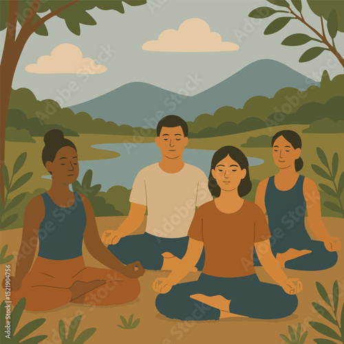 A diverse group sits peacefully in lotus position in a park