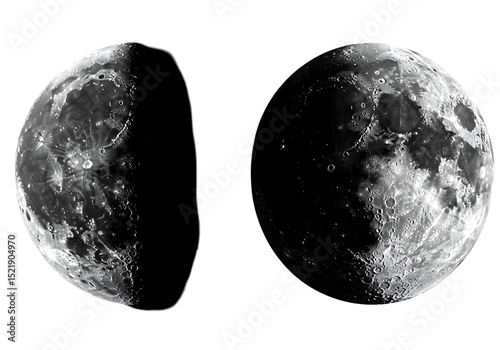 Two Detailed Views of the Moon s Surface Showing Craters and Textures Against a Black Background in High Resolution