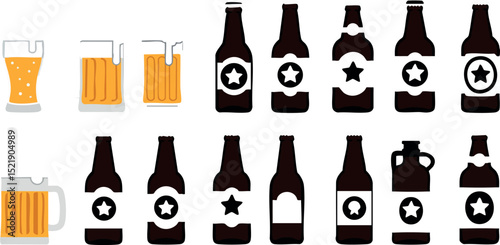 Beer bottles and glasses vector illustration with star label in various shapes and sizes 