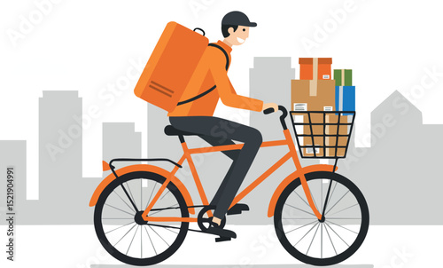Delivery man riding orange bicycle with backpack and basket full of packages in cityscape background 