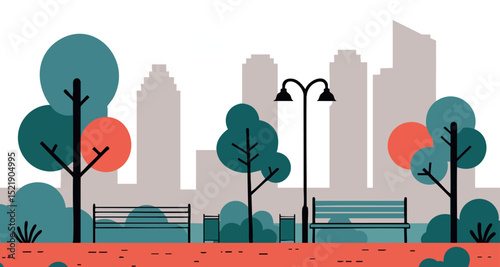 Urban park benches with trees and city skyline vector illustration in muted colors 