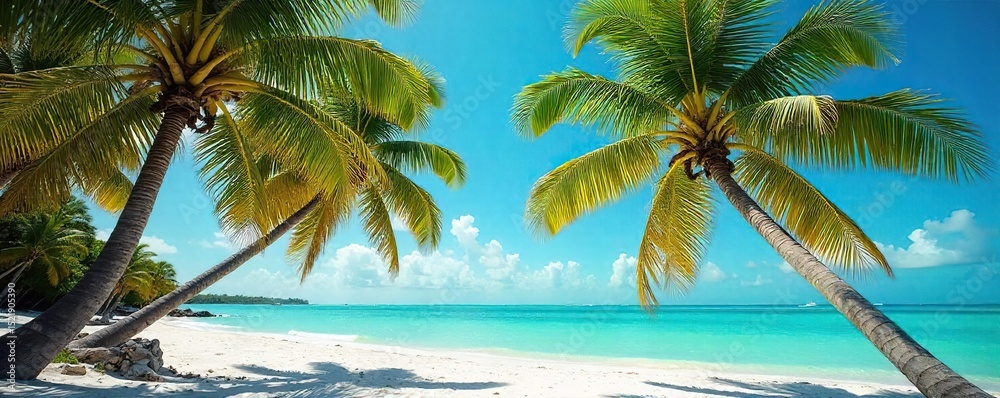Fototapeta premium Lush green coconut palm trees sway gently in a vibrant Miami breeze, their fronds casting shadows on a sunny beach Perfect for travel, vacation, and tropical themes , shoreline, coastal, getaway