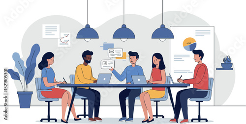 Diverse Business Team Meeting Around Table in Modern Office Vector Illustration 