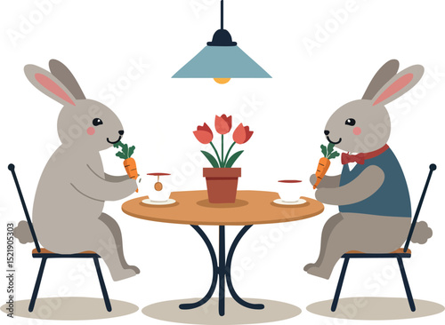 Two rabbits eating carrots at round table with flowers and lamp vector illustration 