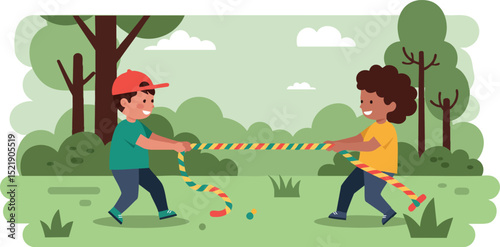 Children Playing Tug of War Outdoor Activity in Park with Trees and Grass Vector Illustration 