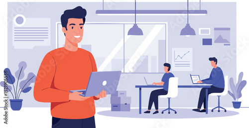Young man working on laptop in modern office with colleagues and indoor plants vector illustration 