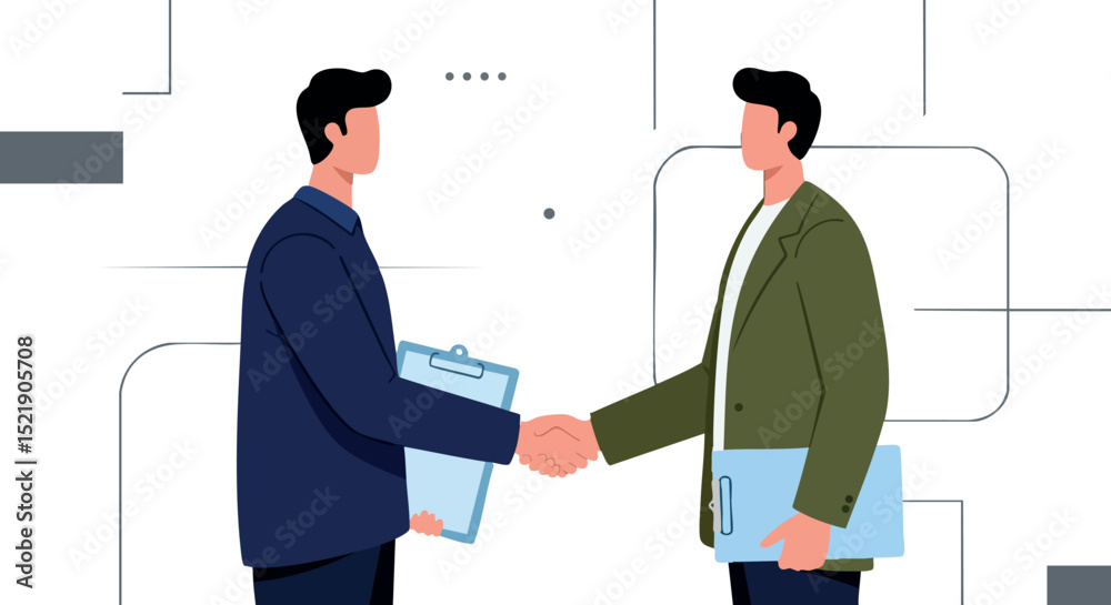 Fototapeta premium Businessmen shaking hands in office meeting with clipboard and folder vector illustration