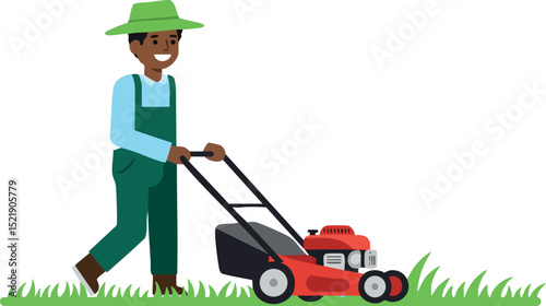Man mowing green grass with red lawn mower vector illustration in garden scene 