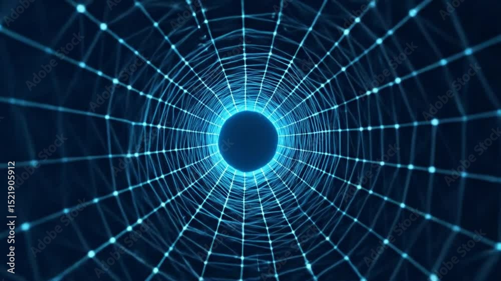 Abstract blue technology tunnel with dots and lines, digital network concept