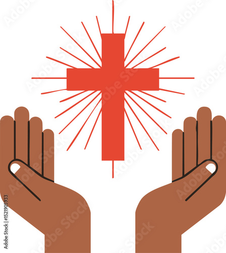 Cross with Radiant Rays and Open Hands Symbolizing Faith and Prayer Vector Illustration 