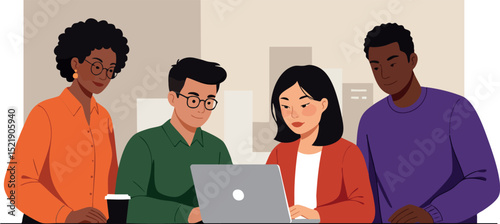 Diverse group of people collaborating on laptop in casual office environment vector illustration 
