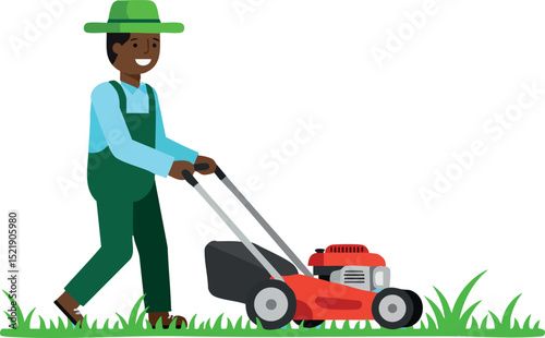 Man mowing lawn with red lawn mower in green hat and overalls vector illustration 